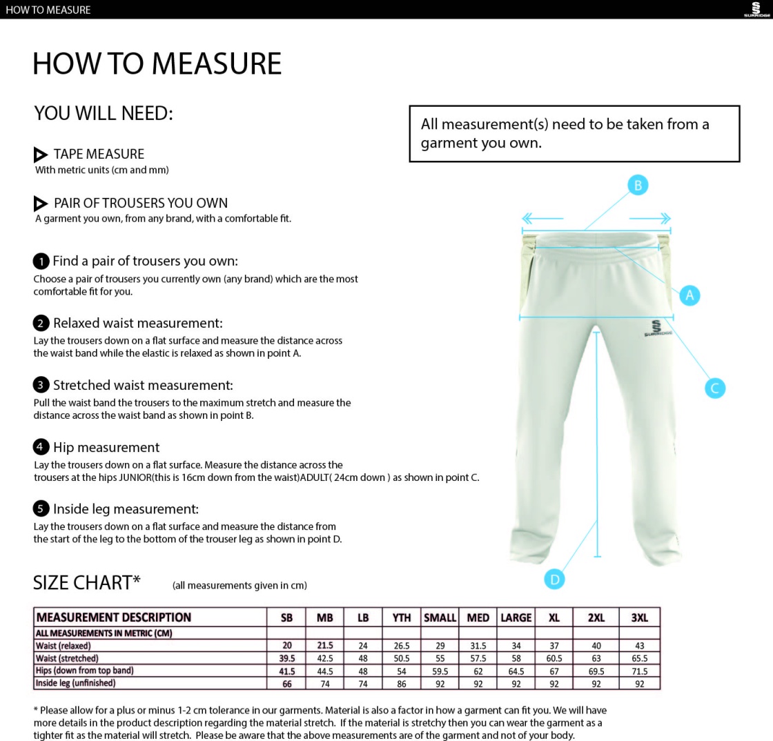 East Kilbride CC - Cricket Pro Trousers - Size Guide