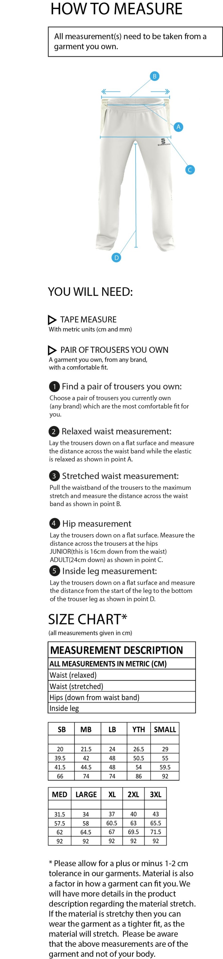 East Kilbride CC - Cricket Pro Trousers - Size Guide